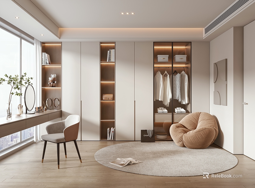 Modern Walk in Closet Interior With Hanging Clothes Cabinets And Round Rug 3d model 