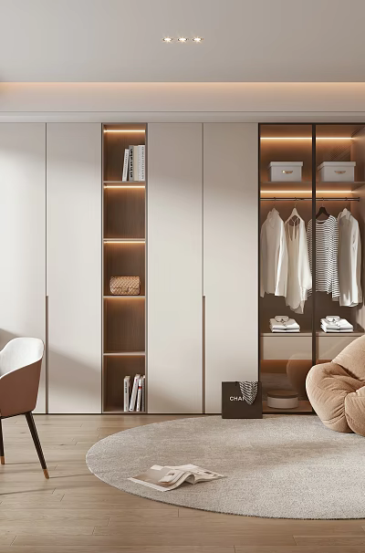 Modern Walk in Closet Interior With Hanging Clothes Cabinets And Round Rug 3d model