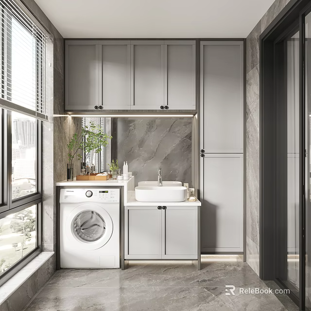 Modern Home Balcony With Washing Machine Sink Upper Cabinets Marble Wall And Green Plants 3d model 