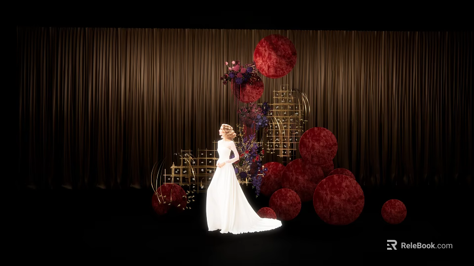 Elegant Floral Installation With Red Spherical Blooms Golden Frames And Woman In White Gown 3d model 