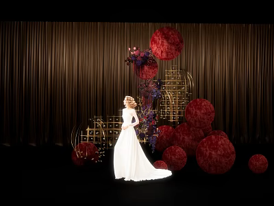 Elegant Floral Installation With Red Spherical Blooms Golden Frames And Woman In White Gown 3d model