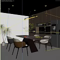 Modern Restaurant Interior With Dining Table Chairs And Kitchen Area 3d model
