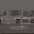 Modern Bathroom Cabinetry Design With Washing Machine Round Mirror And Storage Cabinets