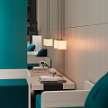 Modern Dessert Shop Interior With Teal And White Design Display Case Sofas Artwork And Perforated Ceiling 3d model