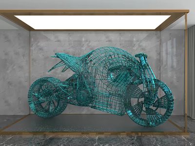 Blue Wireframe Motorcycle In Display Case With Gold Frame White Lighting Gray Wall Marble Floor 3d model