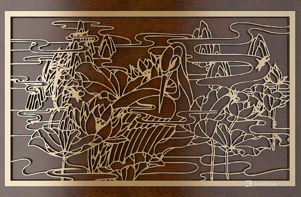 Intricate Wooden Carving Art With Lotus Flowers Birds And Landscape Patterns 3d model 