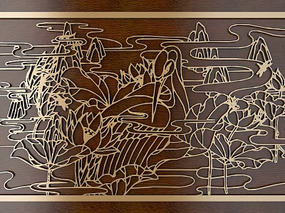 Intricate Wooden Carving Art With Lotus Flowers Birds And Landscape Patterns 3d model