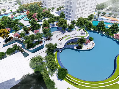 Residential Landscape Design With Curved Pond Lush Trees And High Rise Buildings 3d model