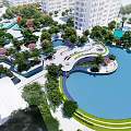 Residential Landscape Design With Curved Pond Lush Trees And High Rise Buildings