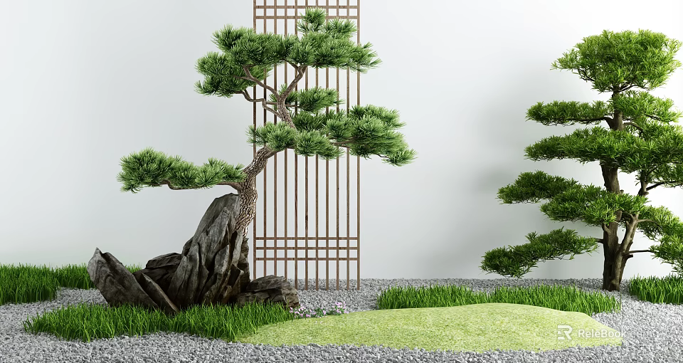 Traditional Garden Courtyard With Pine Tree Rocks Latticed Gate Gravel And Grass 3d model 