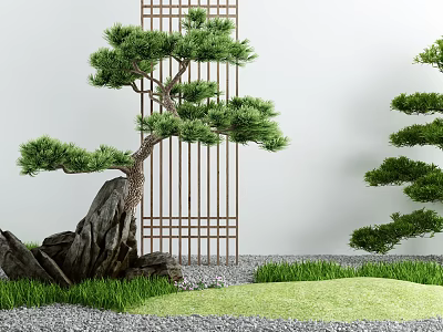 Traditional Garden Courtyard With Pine Tree Rocks Latticed Gate Gravel And Grass 3d model