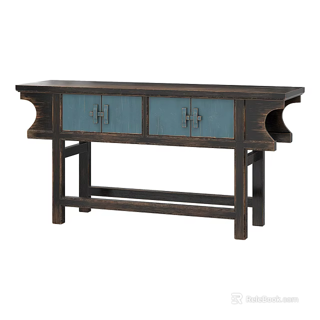Traditional Chinese Entryway Console Table With Dark Wood Frame And Blue Cabinet Doors 3d model 