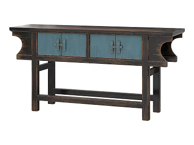 Traditional Chinese Entryway Console Table With Dark Wood Frame And Blue Cabinet Doors 3d model
