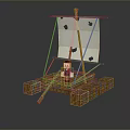Minecraft Style Wooden Boat With White Sail Character And Crate Float Base 3d model
