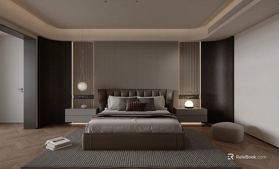 Modern Luxury Upholstered Double Bed With Minimalist Nightstands In Sophisticated Warm Toned Bedroom Design 3d model 