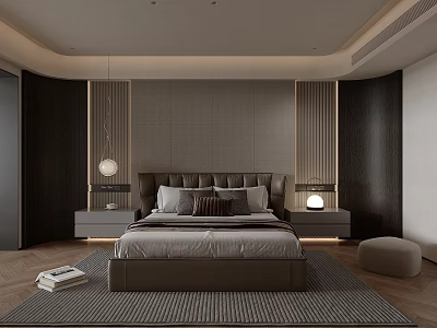 Modern Luxury Upholstered Double Bed With Minimalist Nightstands In Sophisticated Warm Toned Bedroom Design 3d model