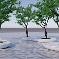 White Circular Flower Planters with Green Leafy Trees on Patterned Paved Ground 3d model