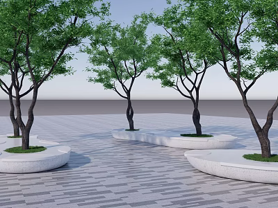 White Circular Flower Planters with Green Leafy Trees on Patterned Paved Ground 3d model