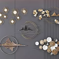 Modern Elegant Wall Decor With Golden Floral Circular Designs Metal Lines And Mountain Patterns