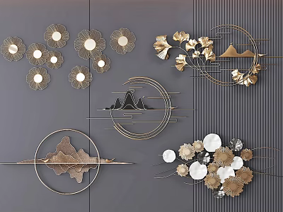 Modern Elegant Wall Decor With Golden Floral Circular Designs Metal Lines And Mountain Patterns 3d model