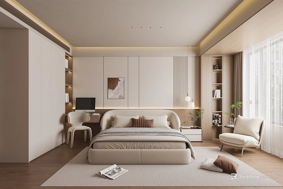 Modern Bedroom Interior With Upholstered Bed Desk Chair Bookshelf Decorative Painting And Area Rug 3d model 