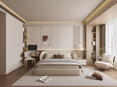 Modern Bedroom Interior With Upholstered Bed Desk Chair Bookshelf Decorative Painting And Area Rug 3d model