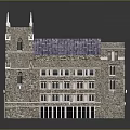 Gothic Style Stone Building With Tower Spires Blue Roof Stained Glass Windows And Red Doors