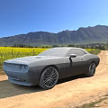 Red Sports Car Parked On Dirt Road With Yellow Flower Field And Mountain Range