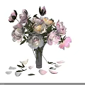 Beautiful Pink White Yellow Peonies in Glass Vase on Wooden Table with Scattered Petals