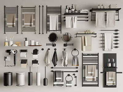 Essential Modern Bathroom Accessories With Towel Racks Mirrors Toiletries Shelves And Trash Cans 3d model