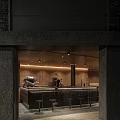 Modern Restaurant Interior With Wooden Ceiling Glass Walls And Bar Counter