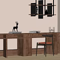 Wooden Desk with Deer Figurine Books and Chair with Orange Cushion Near Wall Mounted Shelf