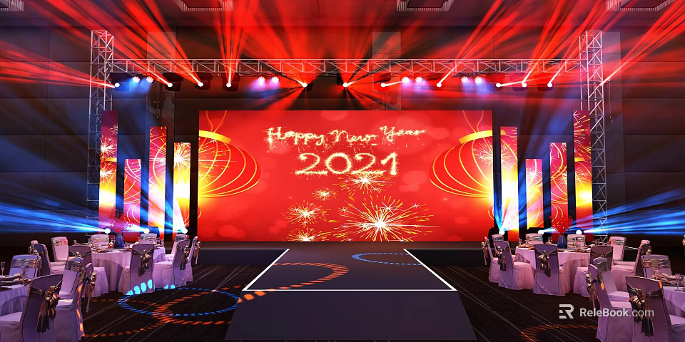 New Year 2021 Celebration Stage With Red Backdrop Firework Patterns Lights And Chairs 3d model