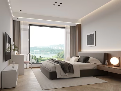 Modern Bedroom Interior With Large Bed Bedside Lamp And Scenic Window View 3d model