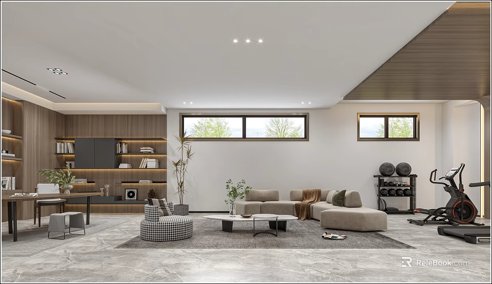 Modern Basement Interior With Seating Bookshelves And Fitness Equipment 3d model 