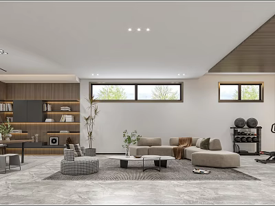 Modern Basement Interior With Seating Bookshelves And Fitness Equipment 3d model