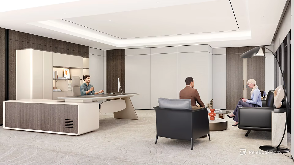 Modern Open Office Interior Design With Reception Desk Sofa Work Desks And Working People 3d model 