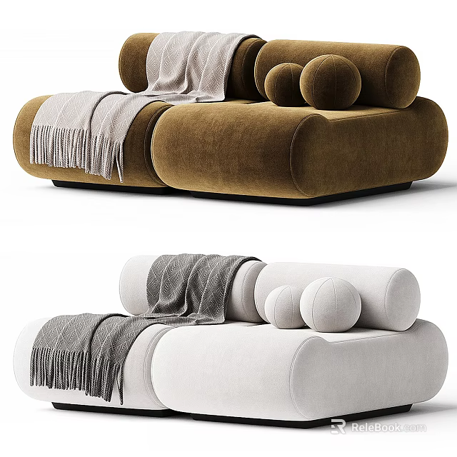 Modern Sectional Sofa Brown and White Velvet Upholstery with Throw Blanket and Round Cushions 3d model 