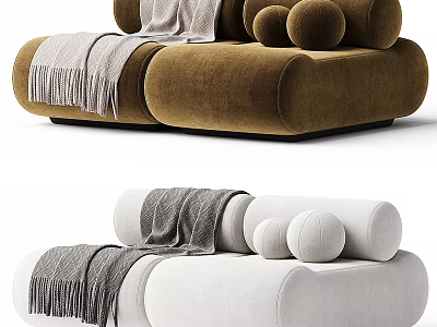 Modern Sectional Sofa Brown and White Velvet Upholstery with Throw Blanket and Round Cushions 3d model
