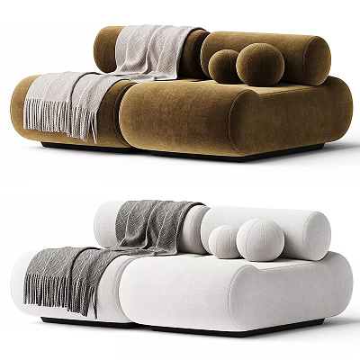 Modern Sectional Sofa Brown and White Velvet Upholstery with Throw Blanket and Round Cushions 3d model