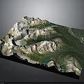 3D Terrain Model Featuring Mountain Ranges Blue Water Bodies And Green Vegetation Areas