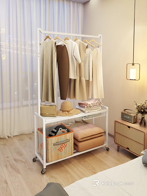 Cozy Bedroom Clothing Rack With Hanging Neutral Clothes Storage Shelf Bag Hat And Blankets 3d model 