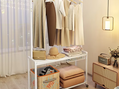 Cozy Bedroom Clothing Rack With Hanging Neutral Clothes Storage Shelf Bag Hat And Blankets 3d model