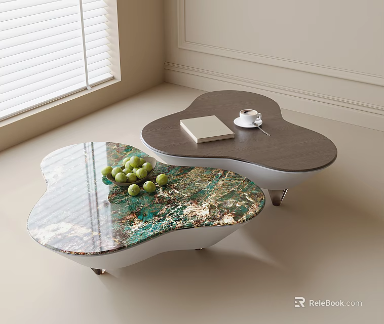 Modern Clover Shaped Coffee Tables With Marble Patterned Top Grapes Notebook And Coffee Cup 3d model
