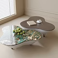 Modern Clover Shaped Coffee Tables With Marble Patterned Top Grapes Notebook And Coffee Cup 3d model