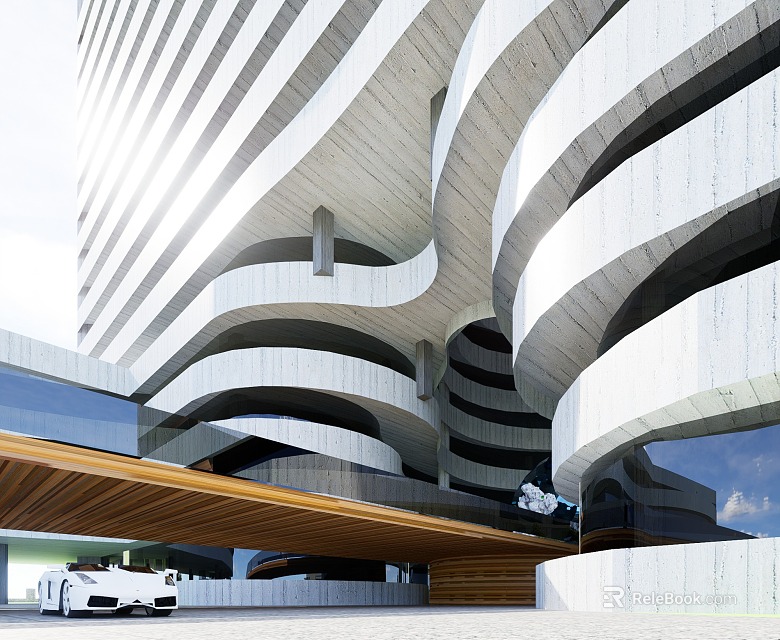 Modern Exhibition Hall Architectural Design Featuring Curved Concrete Facade And Glass Elements 3d model 