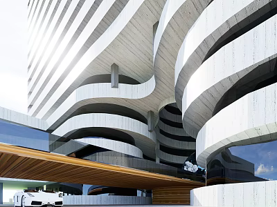 Modern Exhibition Hall Architectural Design Featuring Curved Concrete Facade And Glass Elements 3d model
