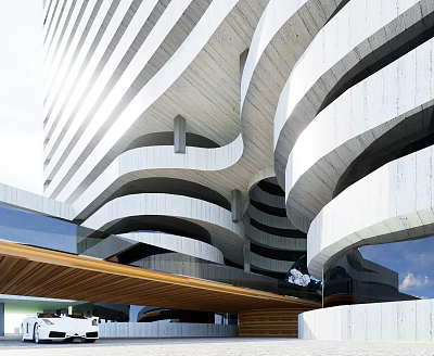 Modern Exhibition Hall Architectural Design Featuring Curved Concrete Facade And Glass Elements 3d model