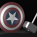 Popular Superhero Weapons Red Blue Shield With Star Design And Metal Hammer