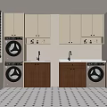 Modern Laundry Room With Two Washing Machines Cabinets Sink And Window Blinds
